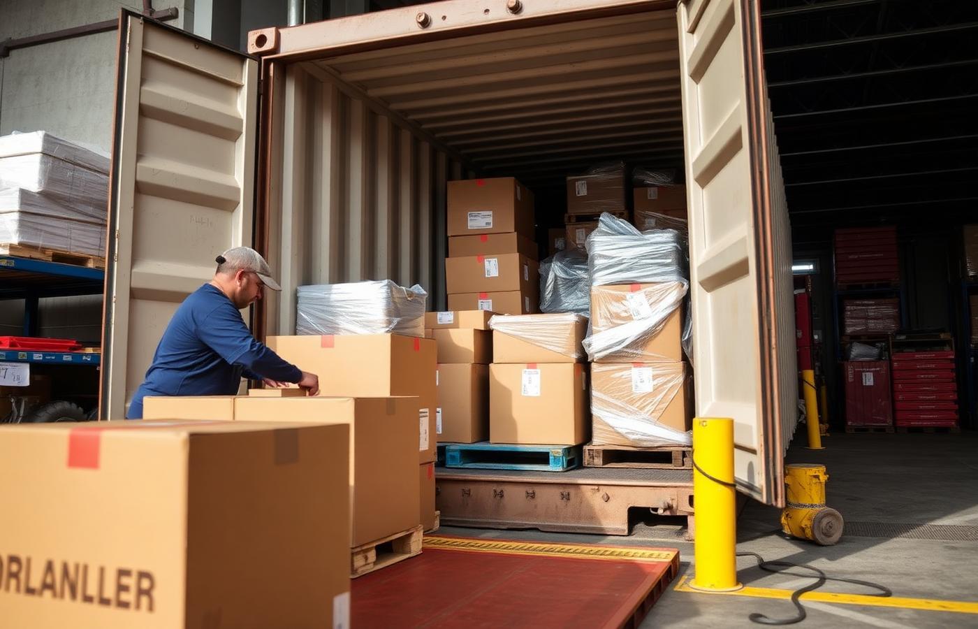 Cartons of finished garments being loaded into an export container